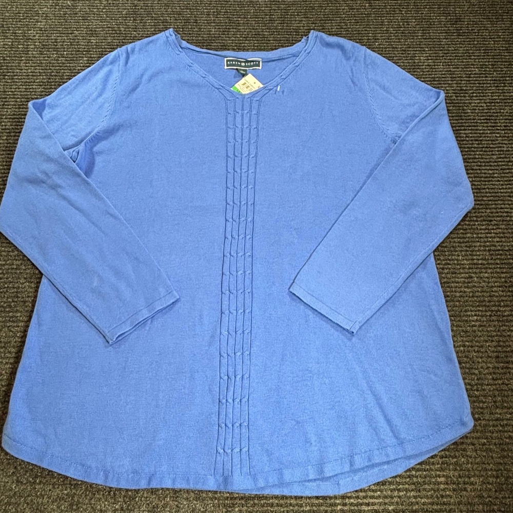 Karen Scott Womens Persian Blue Cotton Cable Front V-Neck Sweater Large NEW